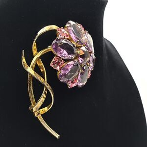 Vermeil Sterling Silver Flower Brooch Purple Glass Pink Rhinestones Pin Vintage